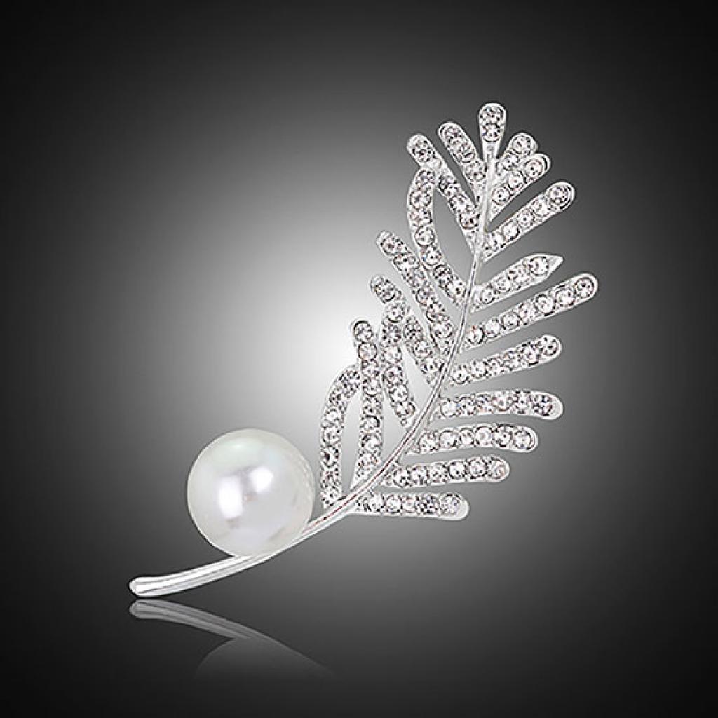 Women Elegant Rhinestone Leaf Pattern Faux Pearl Decor Brooch Pin Jewelry Xmas Gift