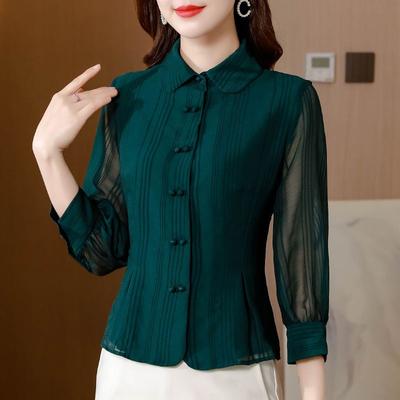 Camisa, temperamento feminino, camisa feminina com cintura marcada, top de chiffon de meia-idade