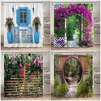 Rideaux de douche Fleurs Clôture Bleu Fenêtre Nature Floral Plantes Paysage Moderne Jardin Décoration Murale Maison Salle de Bain avec Crochets
