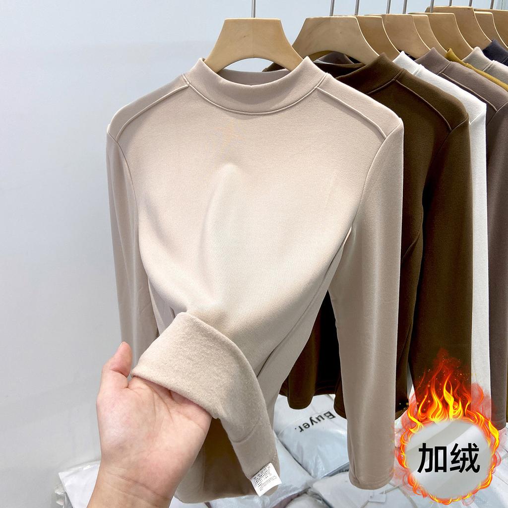 Fleece polished small stand-up neck bottoming shirt women's spring fishbone front shoulder slim-fitting long-sleeved T-shirt with top inside