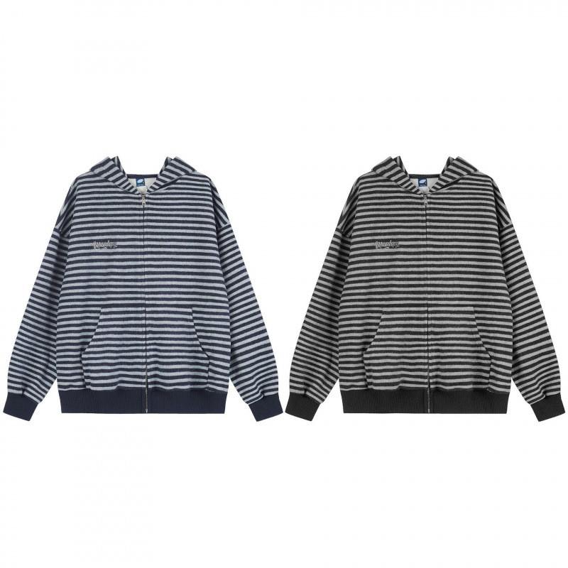 Unisex Retro Striped Hooded Zip-Up Sweatshirt Casual Oversized Pullover Streetwear