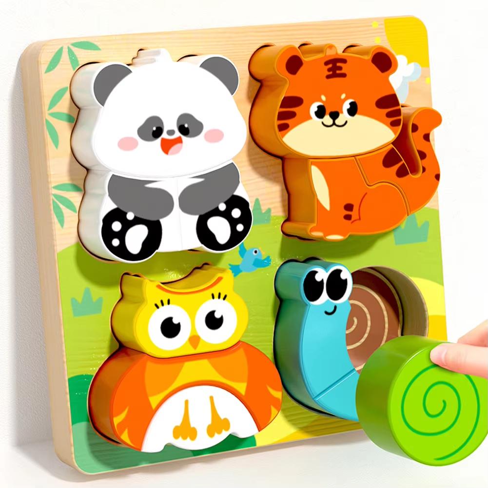 4-In-1 Wooden Toys 3D Wood Puzzle Cartoon Animals Cognitive Jigsaw Puzzle Early Learning Educational Toys for Children Gift