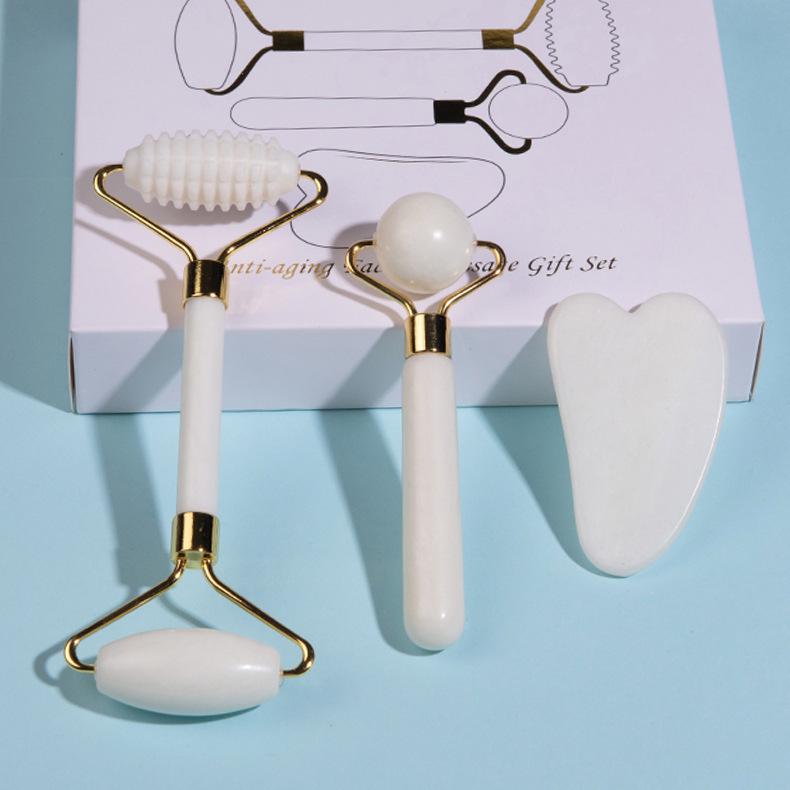 Natural White Marble Face & Eye Massage Stick Roller Set