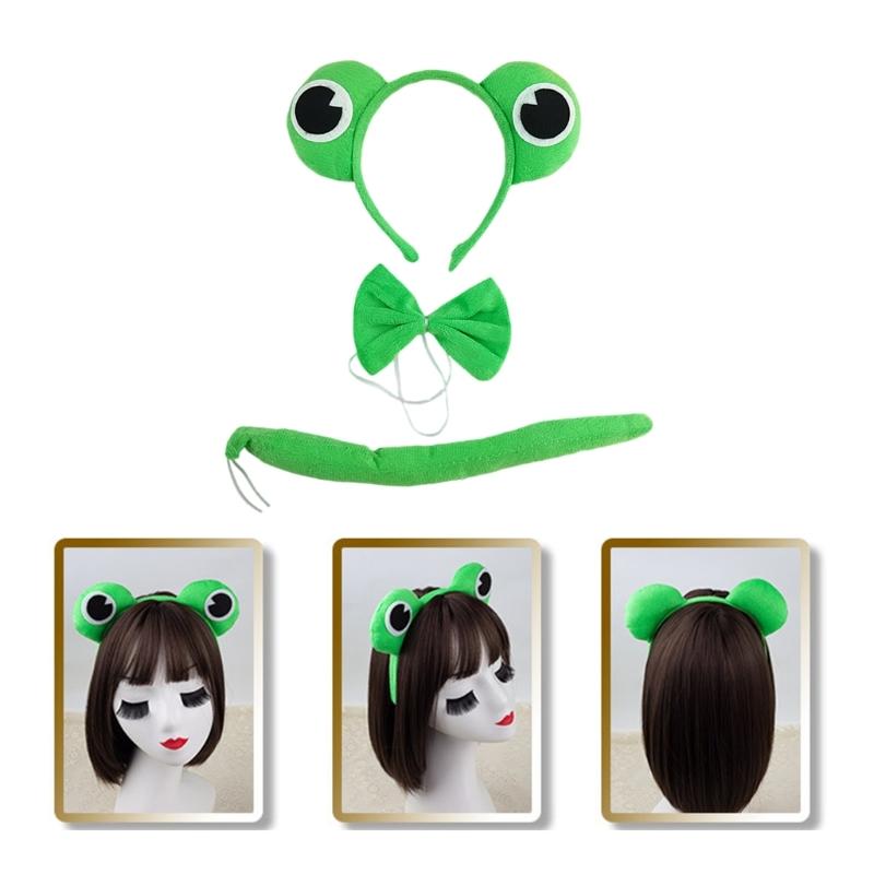2/3Pcs Frogs Costume Accessories Set Frogs Ears Headband Tail Bowtie for Kids Boy Girls Halloween Party Cosplay Costume