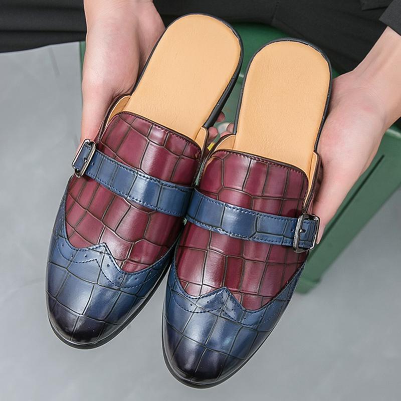New Men's Mixed Color Half Slippers Brogues Shoes Summer Male Wedding Casual Mules Moccasins Breathable Monk Strap Loafers