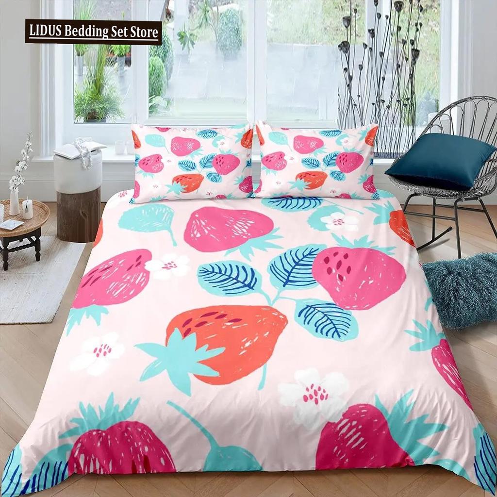 Strawberry Duvet Cover Set Girl King Size Comforter Cover Set Red Strawberry Bedding Set Food Fruit Quilt Cover For Kids Gift