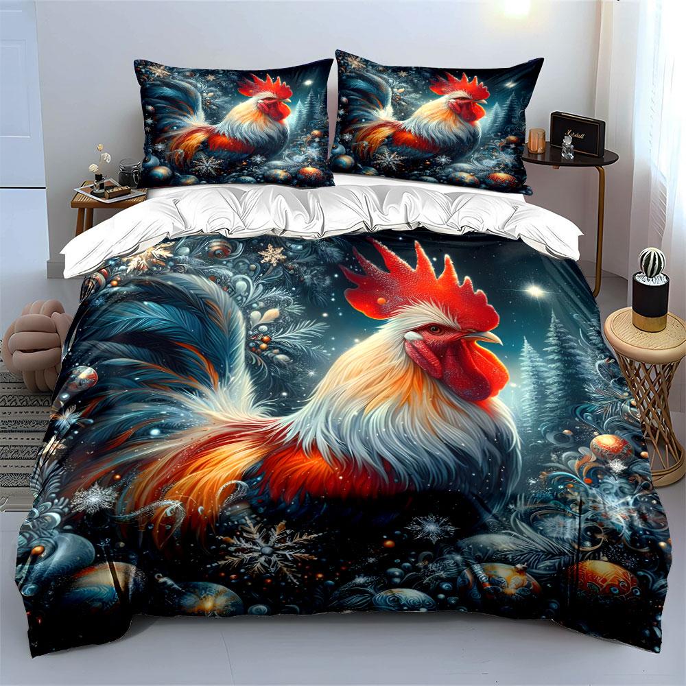 3Pcs Christmas Rooster Bedding Set, Festive Rooster with Snowflakes and Ornaments Print Duvet Cover + 2 Pillowcases,Decor gift