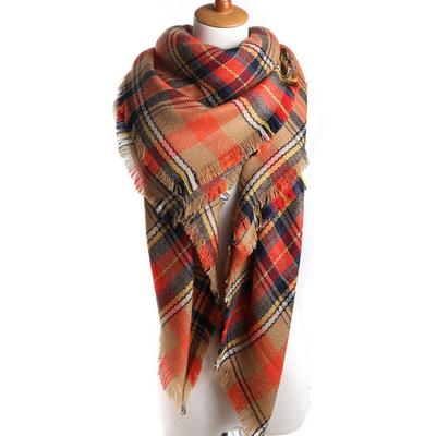 Autumn/Winter Striped Orange Checked Color Checked Soft Scarf, Large Square Shawl, Ladies