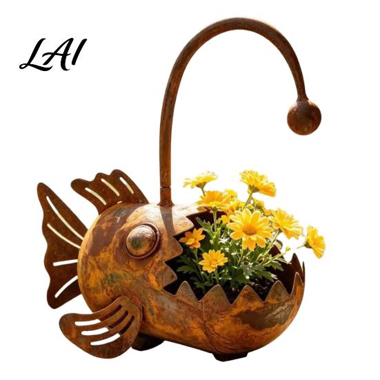 Flowerpot Rustic Iron Planter Fish Shaped Design Decorative Metal Flower Pot for Planter Succulents Cactus Plants Rustproof Garden Patio