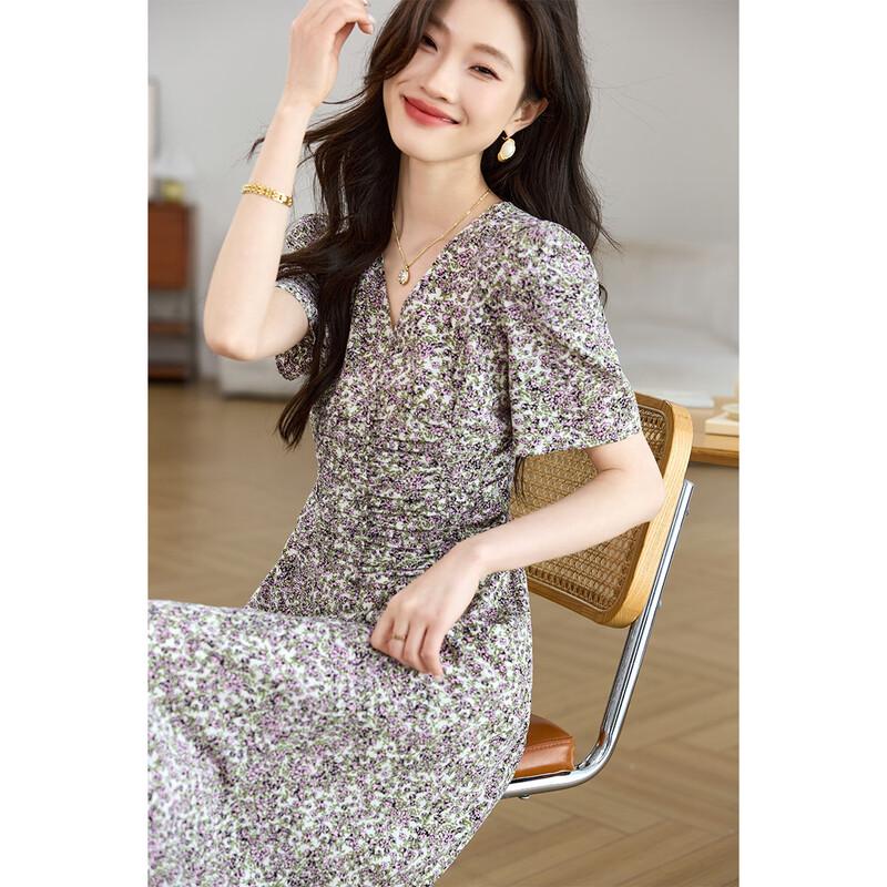 Sanpowa Women s V-Neck A-Line Floral Chiffon Midi Dress L