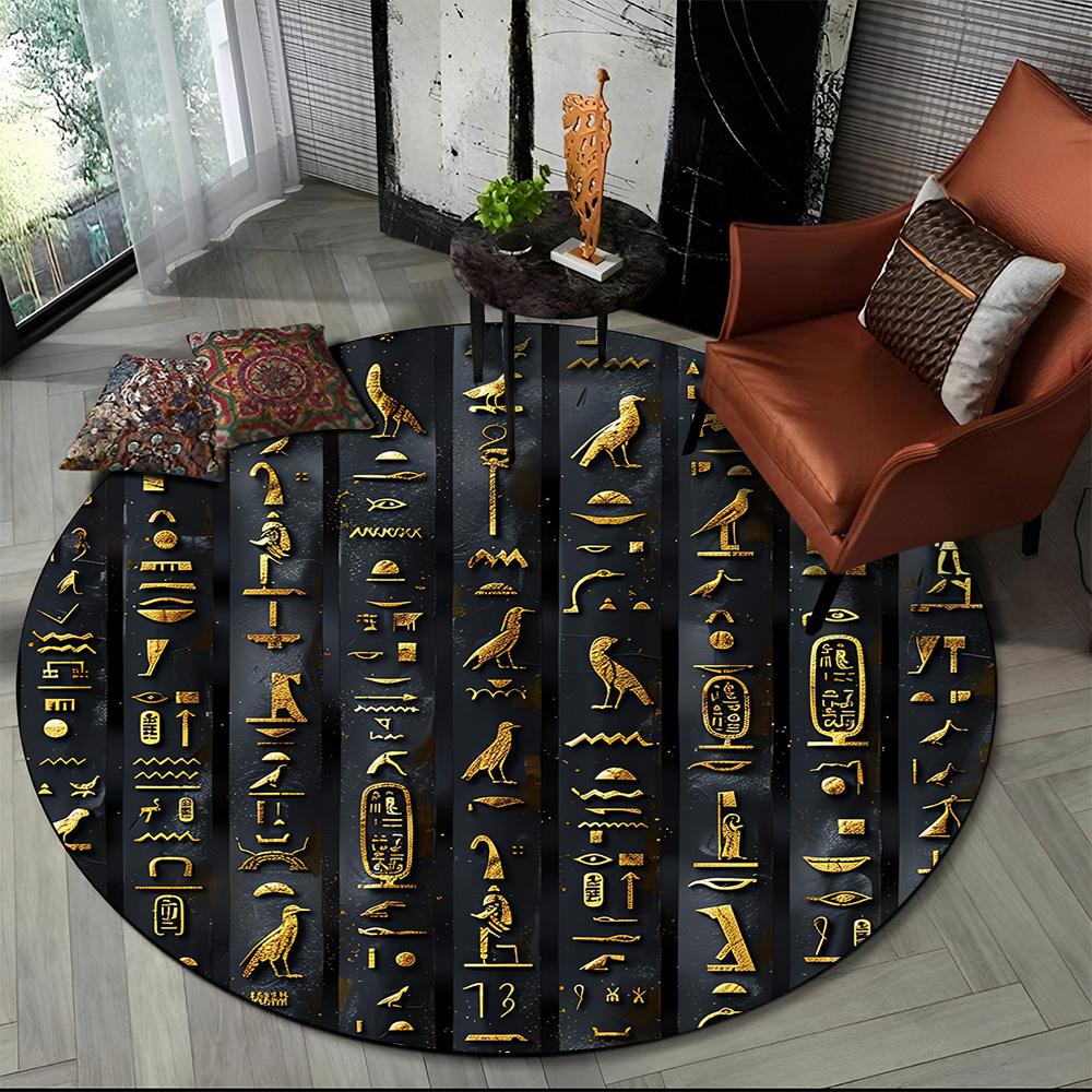 2025 New Ancient Egypt Hieroglyphic Mythology Wall Painting Glyph Round Carpet Rug for Bedroom Living Room Sofa,Decor Floor Mat