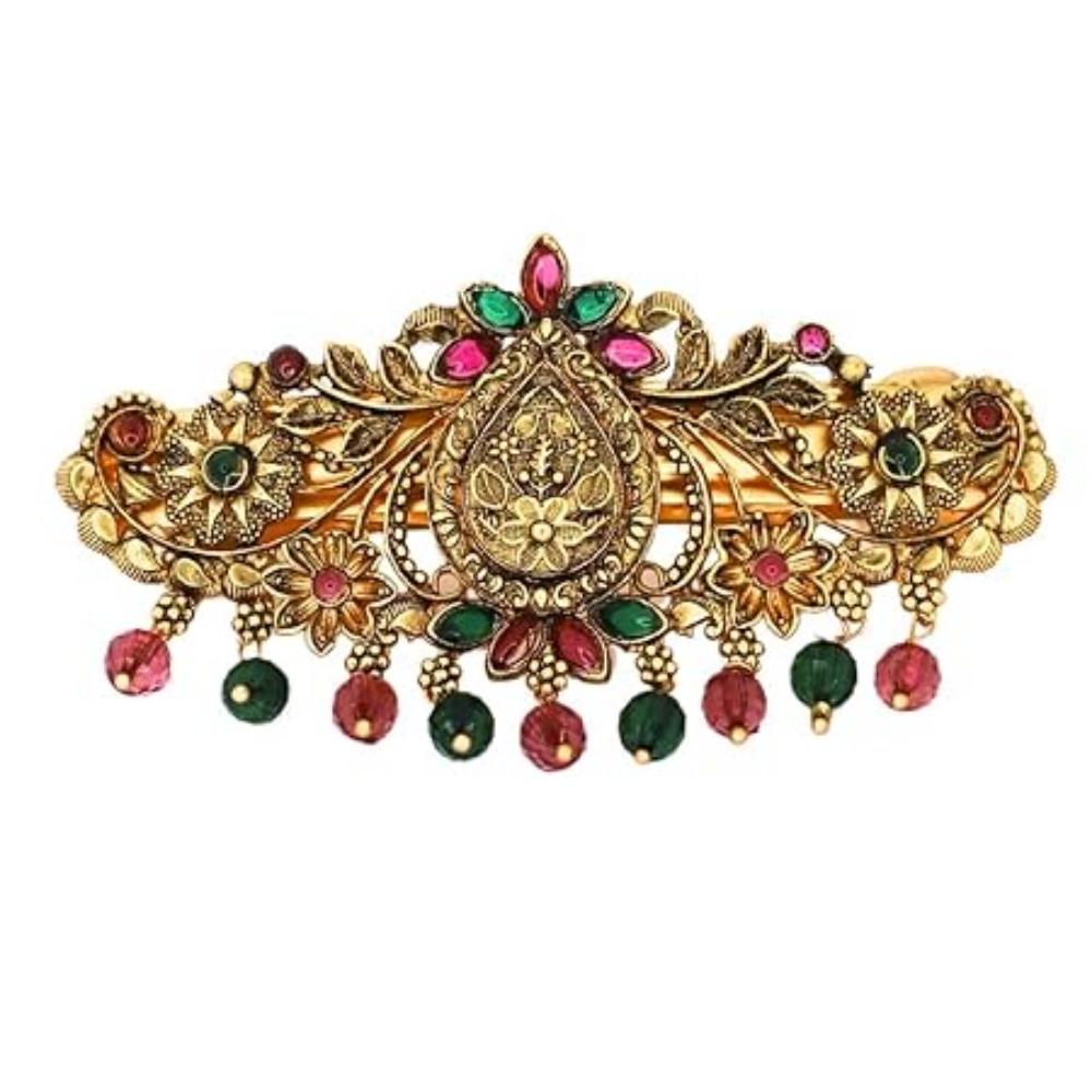 Traditional Gold-Plated Hair Barrette Clip With Floral Design And Beads Danglers (Design-1)