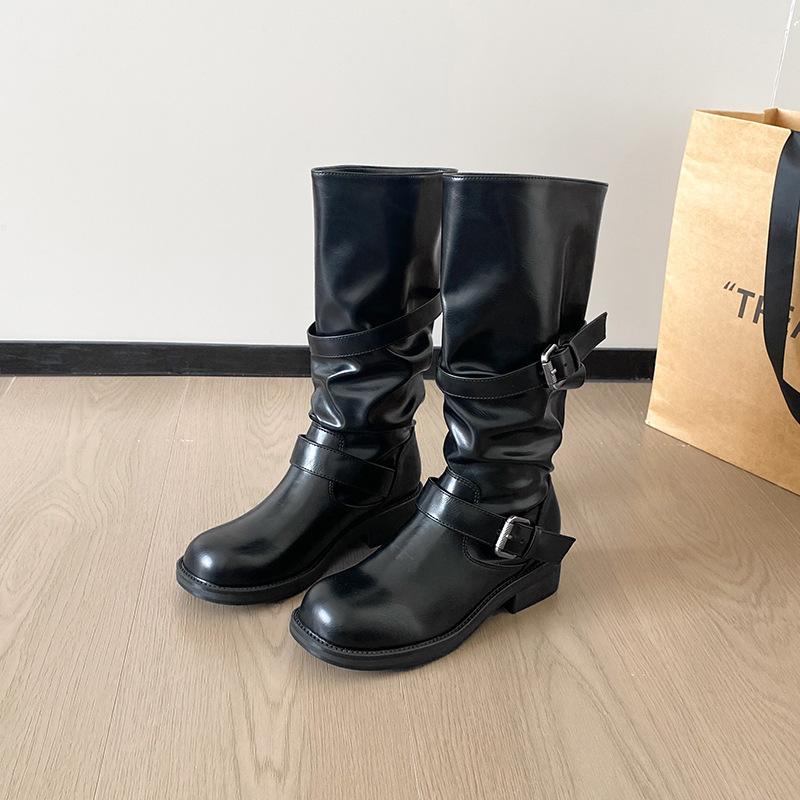 Korean thick heel pile medium boots women's boots 2025 spring and autumn new belt buckle but knee high pleated western boots