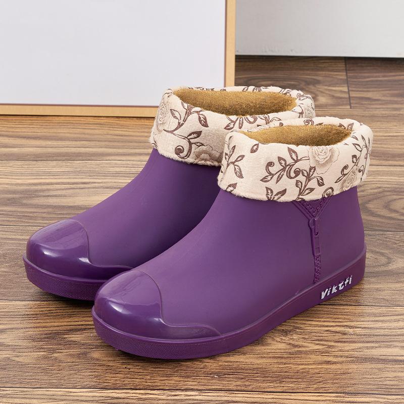 Winter Warm Fur Black Beige Purple Rain Boots Women's Fashion Non Slip Waterproof Short Tube Shoes Adult Rain Boots Velvet Rain