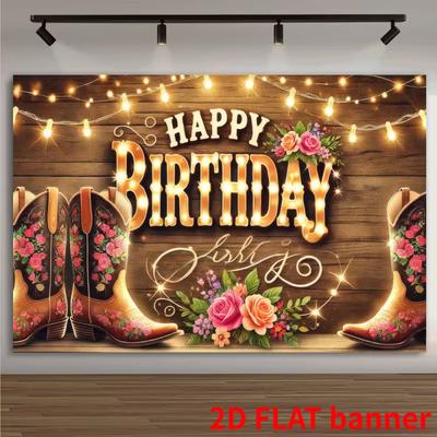2D Western Cowgirl Birthday Backdrop - Floral Boots & String Lights Themed Party Banner