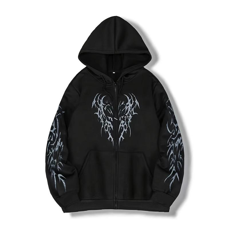 Mænd Kvinder Gotisk Torne Print Lynlås Hættetrøje Y2K Streetwear Oversized Hættejakke Harajuku Punk Langærmet Sweatshirt Jakke