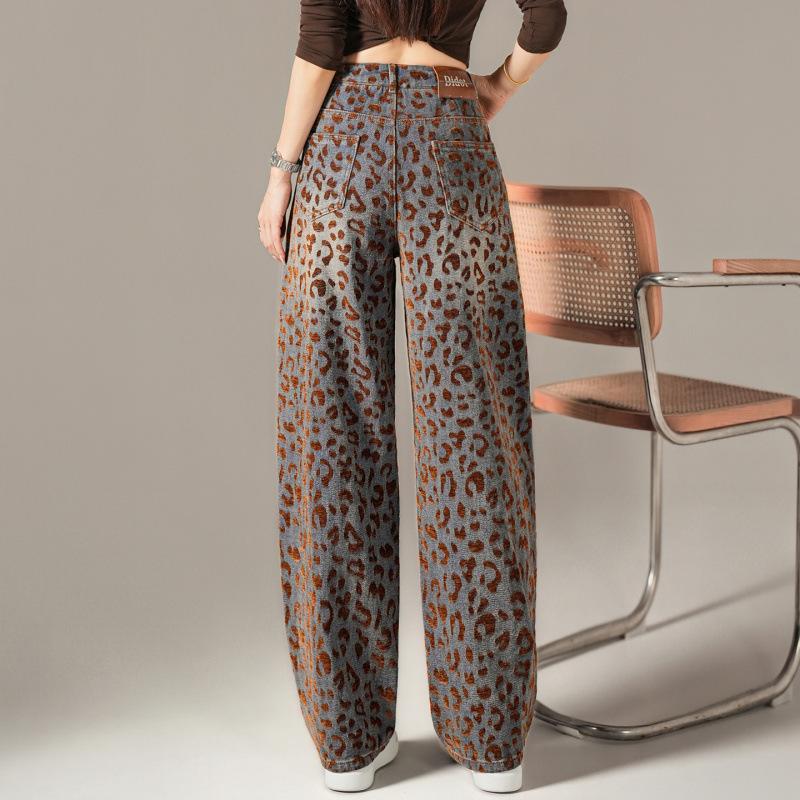 Leopard print jeans women's spring and autumn new loose and thin high waist mopping casual scimitar wide leg trousers tide