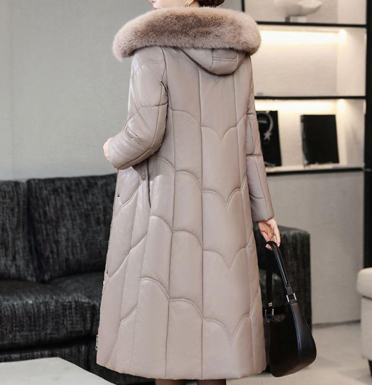 Winter Women's Genuine Leather Jacket Over-the-Knee Long Sheepskin Padded Coat Thickened Windproof Warm Camel Wool Coat