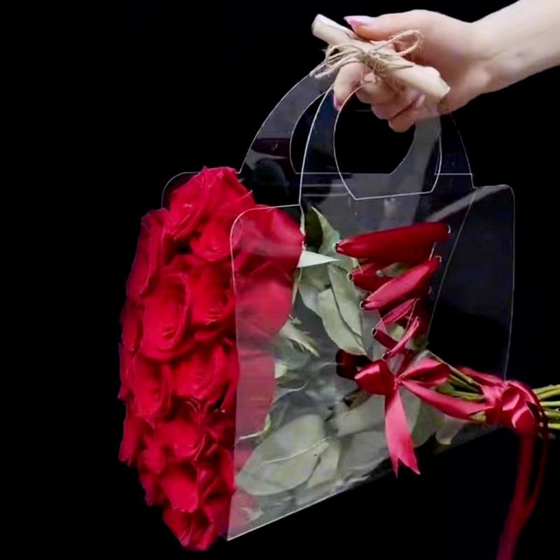 Transparent Flower Box With Handle Portable Flower Packing Bags Gift Contatiner Handbag Wedding Rose Wrapping Party Gift Box