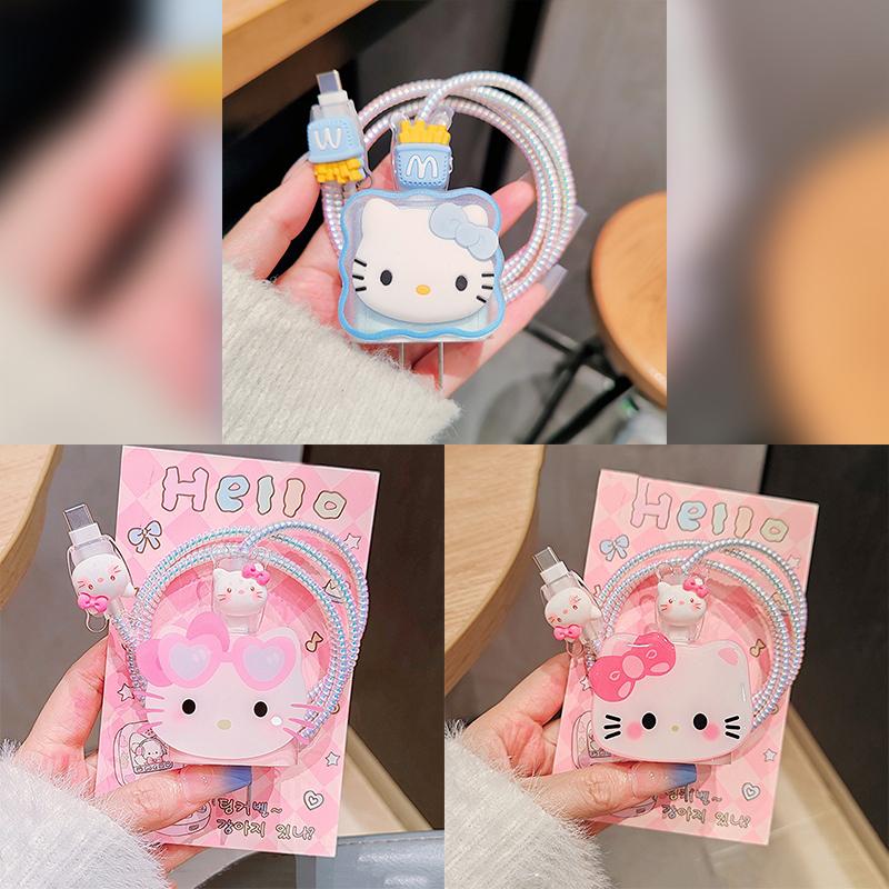 Hello Kitty Ochranný kryt na nabíjecí a datový kabel pro Apple iPhone 18/20W nabíjecí chránič proti zlomení, sada navíječů datového kabelu