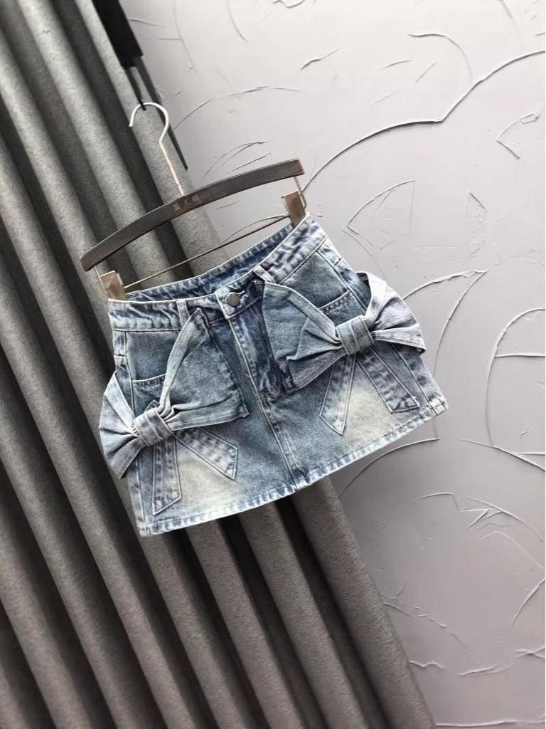 Maßgeschneiderter blauer Jeans-Minirock mit Schleife - Damen High-Waist A-Linie Bodycon für die Herbstmode