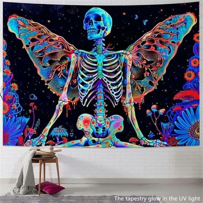 Blacklight Skull Tapestry Aesthetic Butterfly Tapestries UV Mushroom Eyes Room Decoration Fluorescence Decor Backdrops Cloth