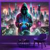 Cyberpunk Neon Wandbehang Game Controller Kapuzenpullover Coole Zukunftsstadt Nachtszene E-Sport Raum Dekoration