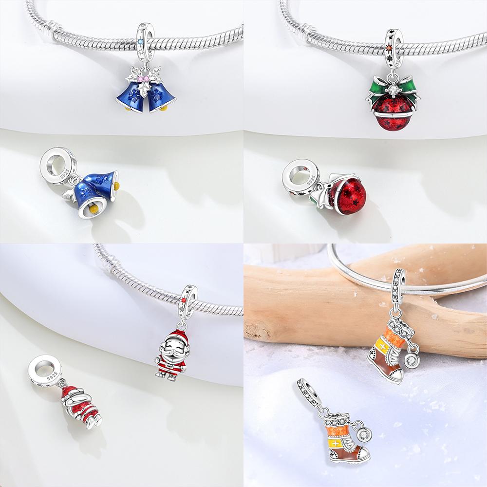 Original Copper Red Santa Claus Pendant Blue Bell Winter Socks Beads Fit Bracelet Diy Jewelry Fine Gift Accessory Making
