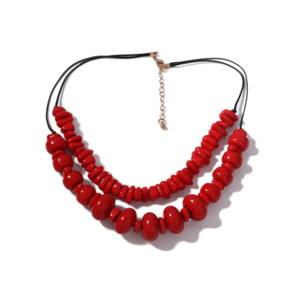 New red resin coral double layer stacked irregular geometric round necklace, retro fashion