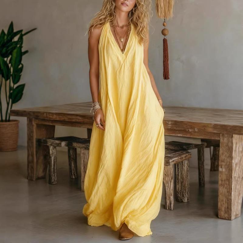 Womens Casual Solid Color Halter V Neck Sleeveless Maxi Dress