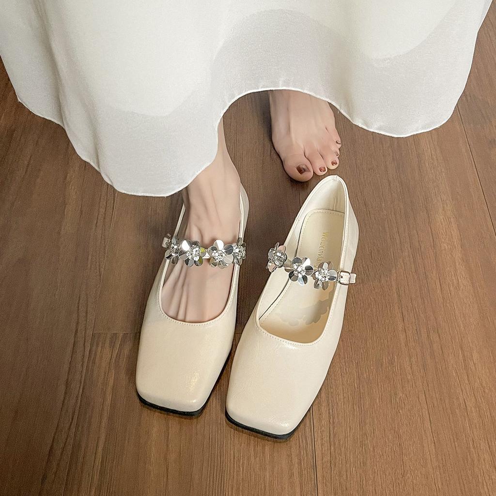 Rhinestone Silver Square Toe Pumps Women's Flat Soles with Skirt Mary Jane Shoes