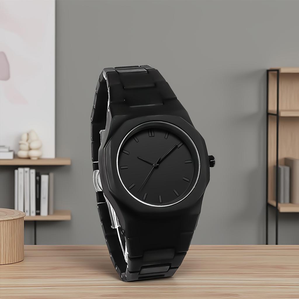 High-end All-Black Octagonal Wristwatch, Men's Business Casual Quartz Watch, Minimalist Versatile Steel Band Watch