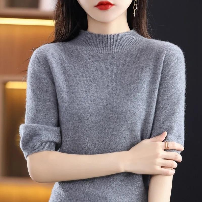 Order A Size Up,Spring/Summer Short Sleeve Sweater Women's Half Turtleneck Short Loose Half Sleeve T-Shirt Versatile Knitted Bottoming Shirt
