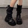 Women Biker Boots Platform Belt Buckle Women's Knee High Booties Harajuku Y2K Punk Mid Pipe Booties Girls