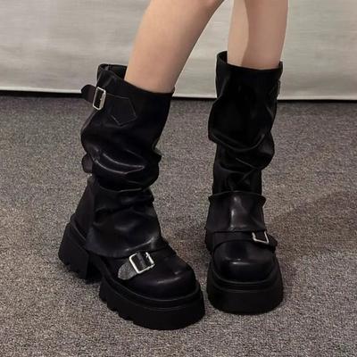 Women Biker Boots Platform Belt Buckle Women's Knee High Booties Harajuku Y2K Punk Mid Pipe Booties Girls