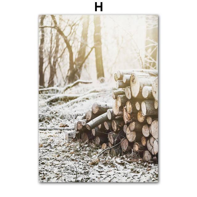 Winter Scenery Picture Canvas Painting Wall Art Elk Animal Wood Snowscape Poster and Print for Modern Home Living Room Decor