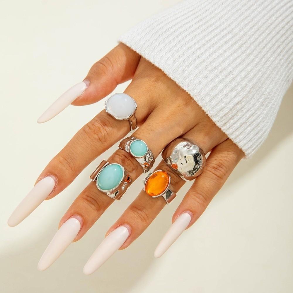 5pcs/7pcs Stackable Chunky Smooth Rings Irregular Retro Metal Ring  Matchable Jewelry