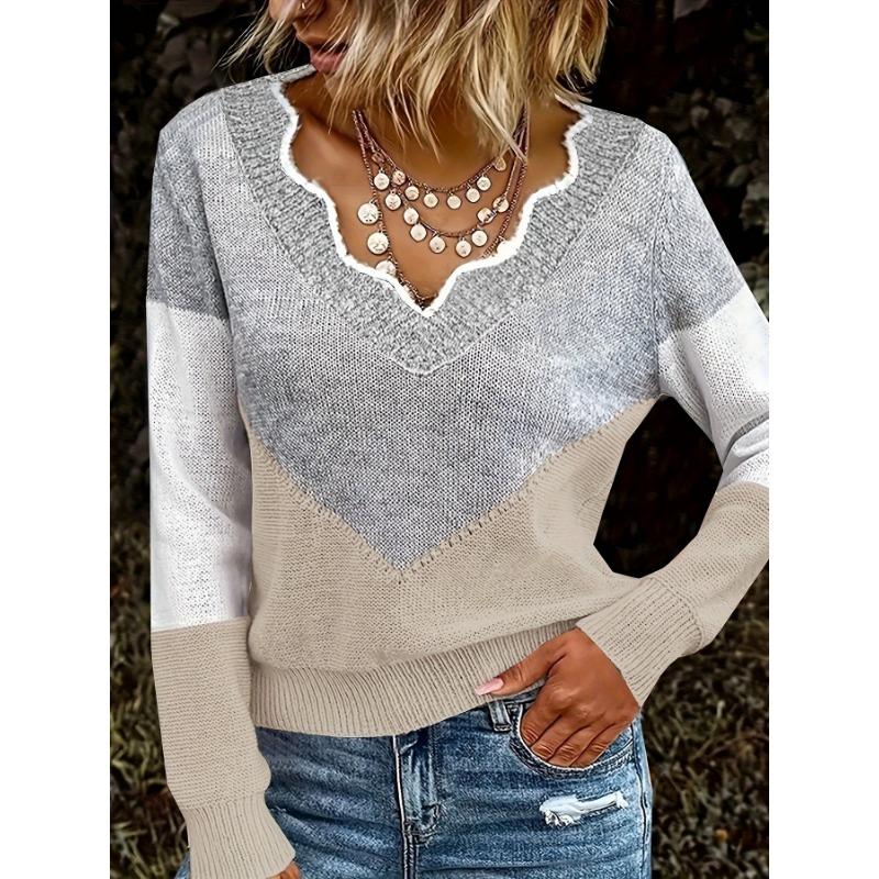[Kuscheliger Pullover] Kuscheliger Farbblock Damen Casual V-Ausschnitt Pullover | Langarm-Pullover mit gerippten Bündchen, Herbst-/Winter-Oberteil für Freizeitkleidung