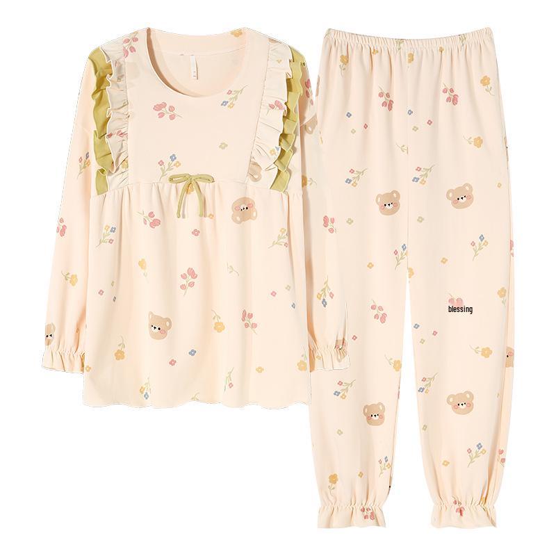 Women's Long-Sleeve Cotton Pajama Set with Chest Pads - Cozy Autumn/Winter Wear, Sweet & Stylish for Home or Outside