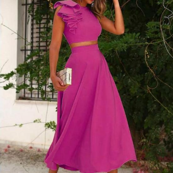 2-teiliges Set Damenanzug, einfarbig, rückenfrei, schnelltrocknend, kurzes Oberteil, Midirock für den Alltag