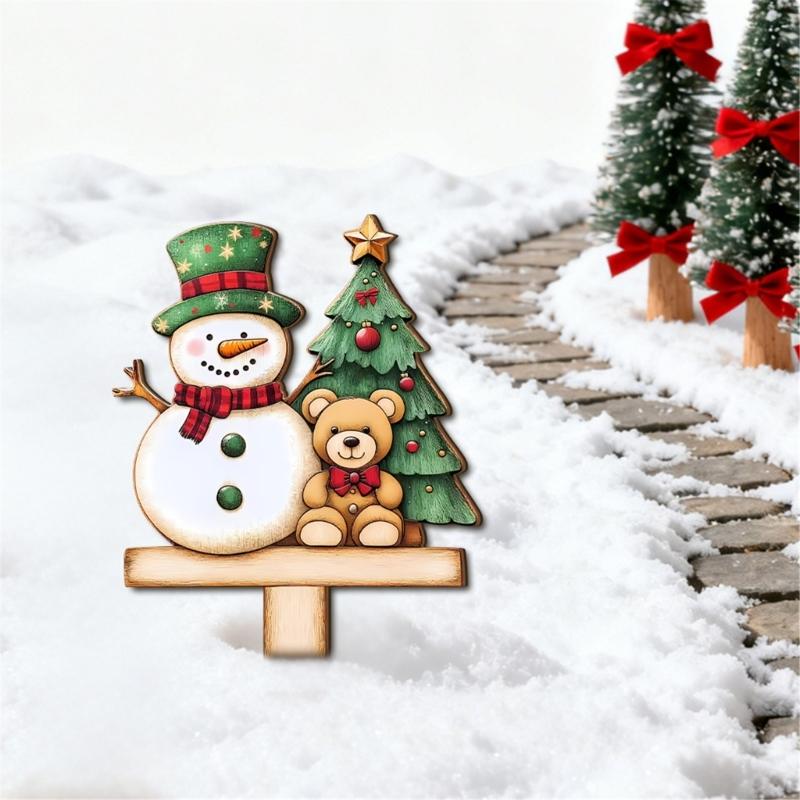 Santa Snowman Holiday Yard Stake Handcrafted Wooden Door Plaque For Seasonal Celebration Party Decoration