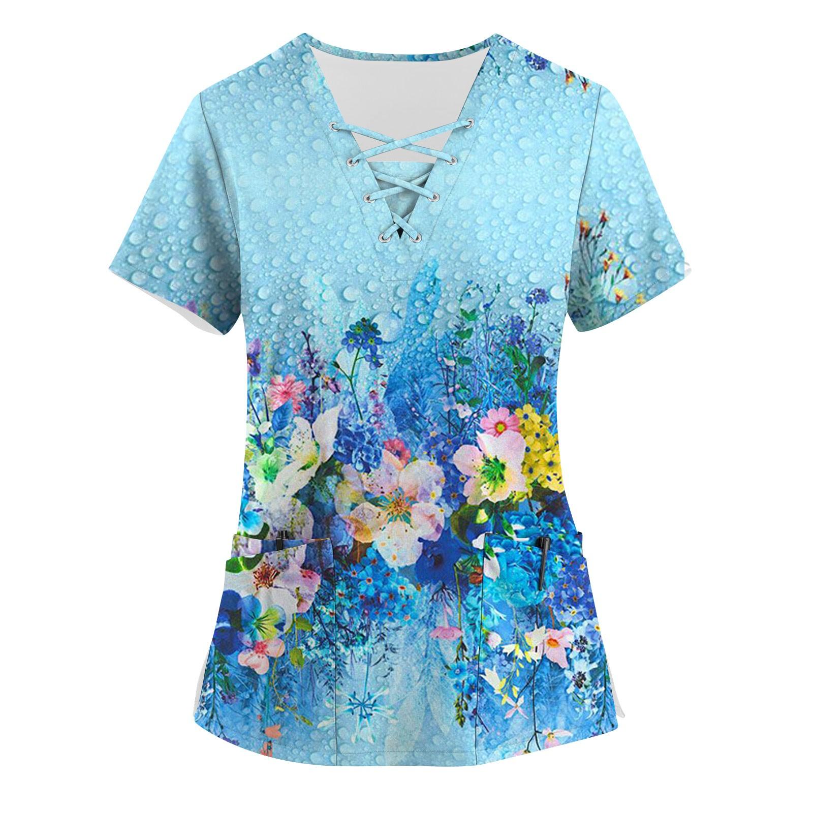 

Женские топы с короткими рукавами и v-образным вырезом с принтом, рабочая блузка с карманами L