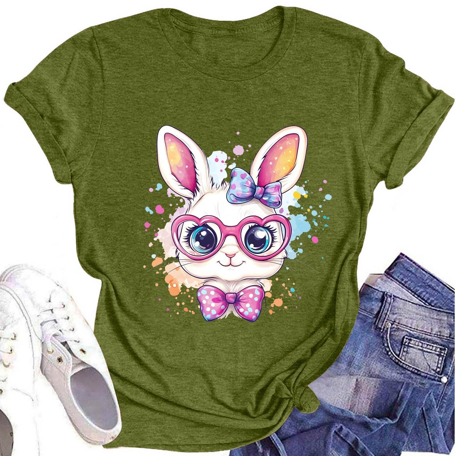 

Женская модная футболка с круглым вырезом и коротким рукавом, повседневный топ с пасхальным принтом L армия зеленый