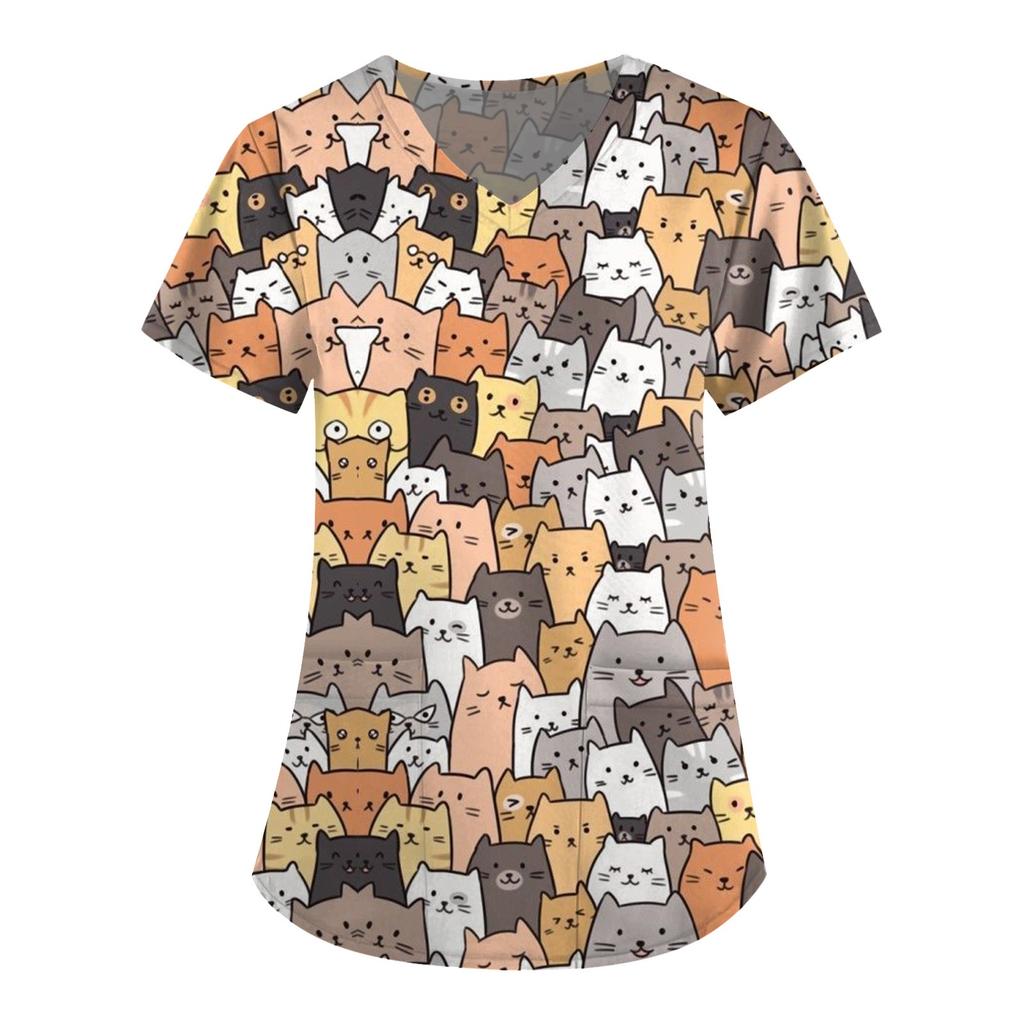 Women's Short Sleeve V-Neck Cute Animals Printed Pocket Carer Top