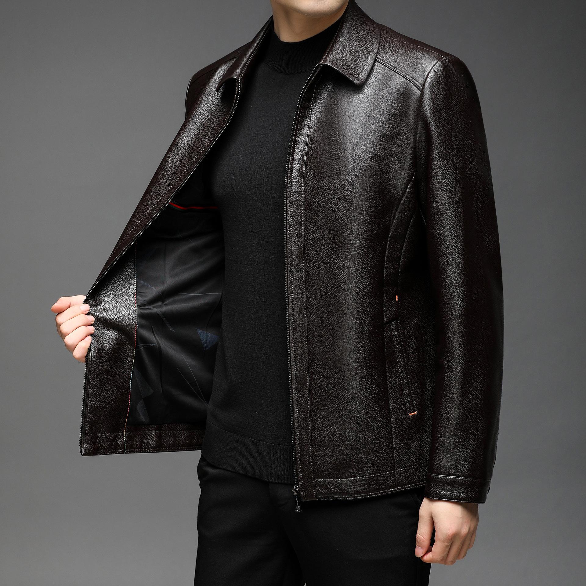 

Men s Fall PU Leather Jacket Middle-Aged Business Collar Casual Outerwear 4XL коричневий