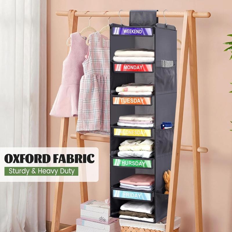 Hanging Closet Shelves for Kids Clothes, 6 Section Weekly Storage with Side Pockets and Fabric Shelf Design for Home Use