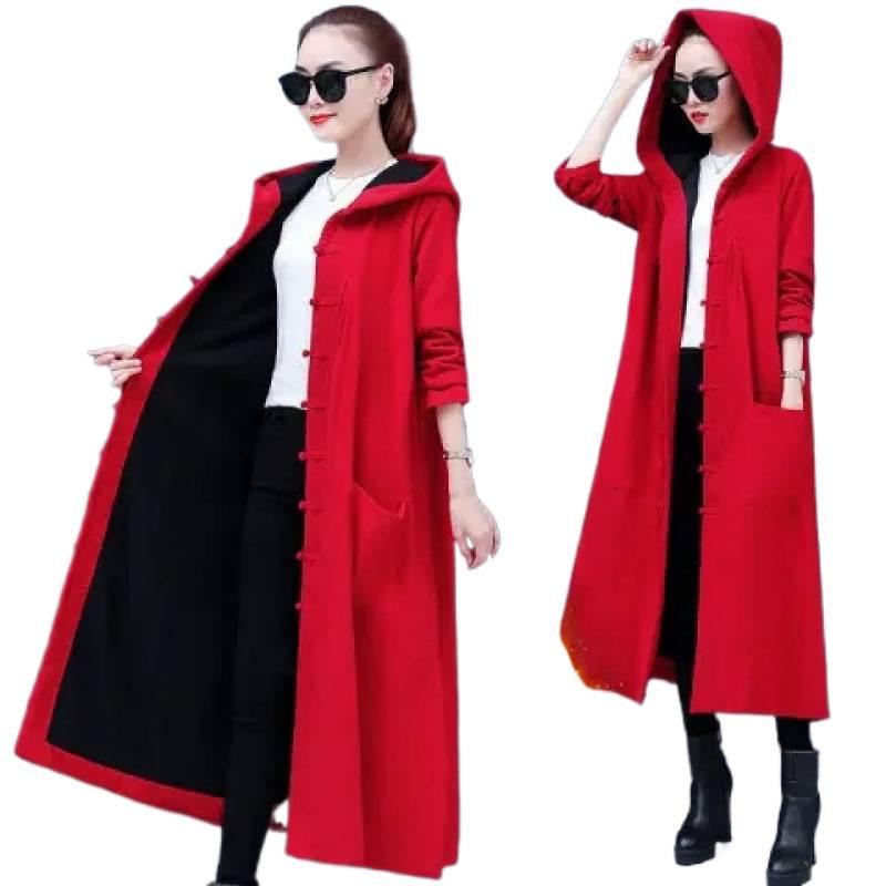 2025 Women's Warm Retro Ethnic Trench Coat - Fleece-lined, Thickened, Plus Size for Autumn/Winter
