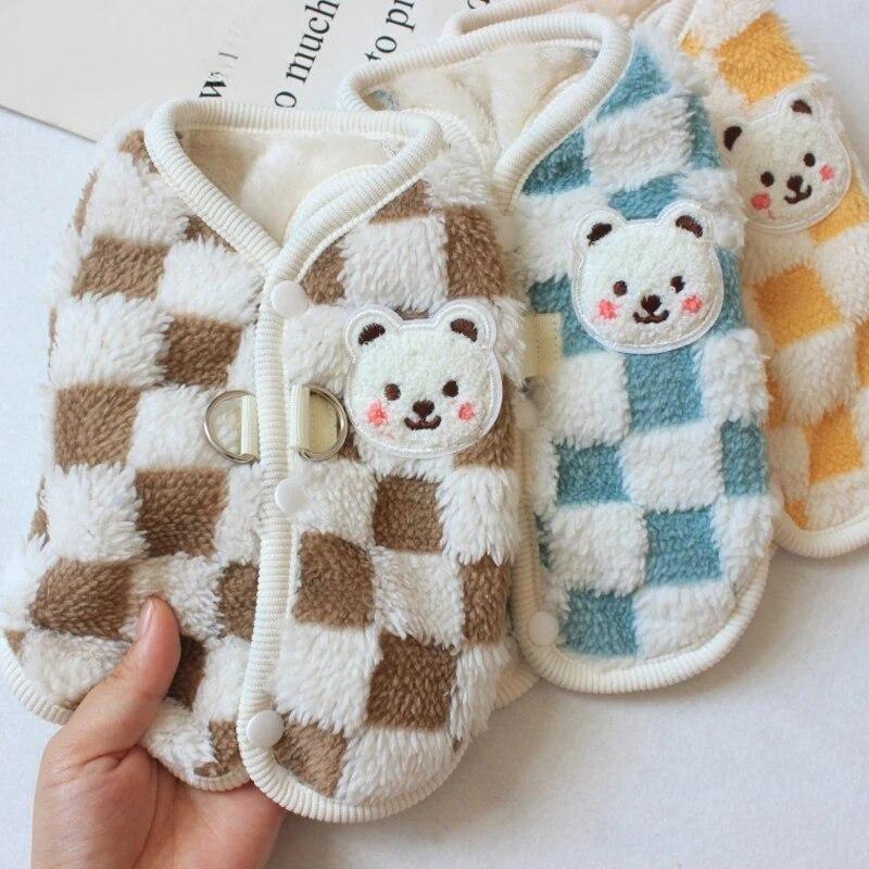 Winter Coral Fleece Dog Jacket with Checkered Pattern and Bear Applique for Small Dogs