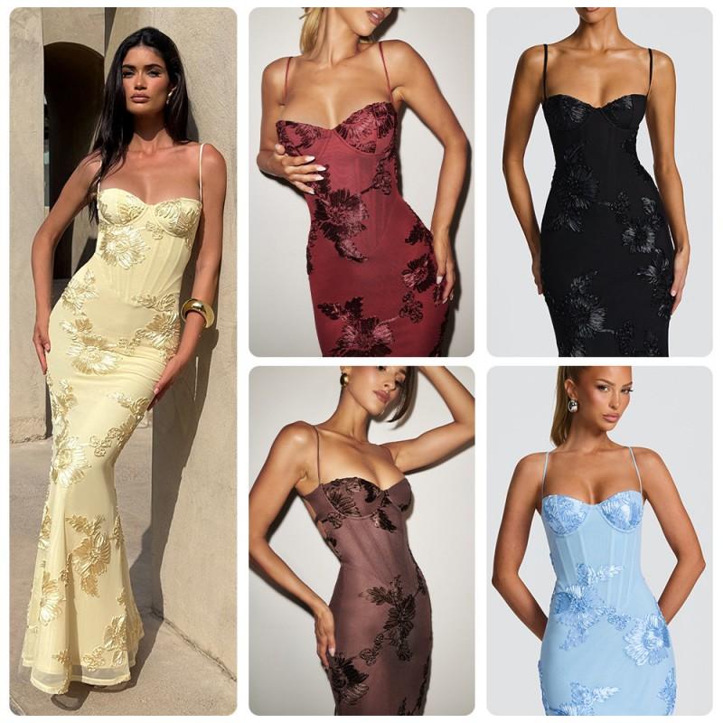 3D Embroidered Backless Cross Tie Maxi Dress Elegant Floral Evening Gown