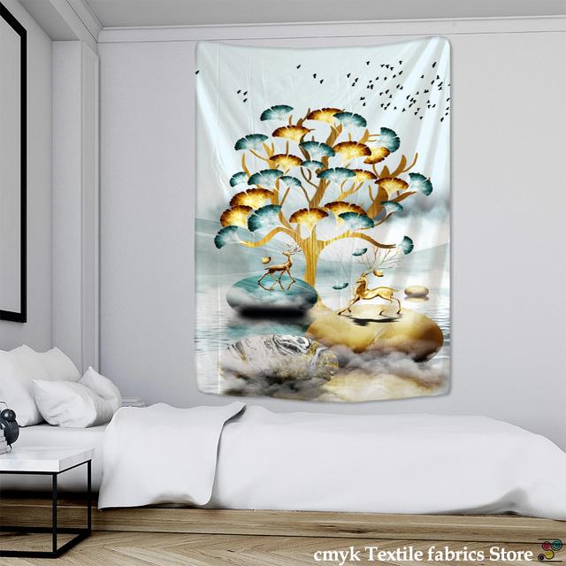 Tapiserie cu pene de păun agățat pe perete stil nordic boem, mister psihedelic, hippie, decor simplu pentru acasă